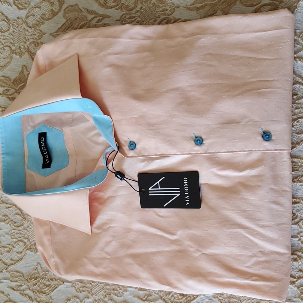 Via Uomo Luxury Men's Button Down Peach Dress Shirt
